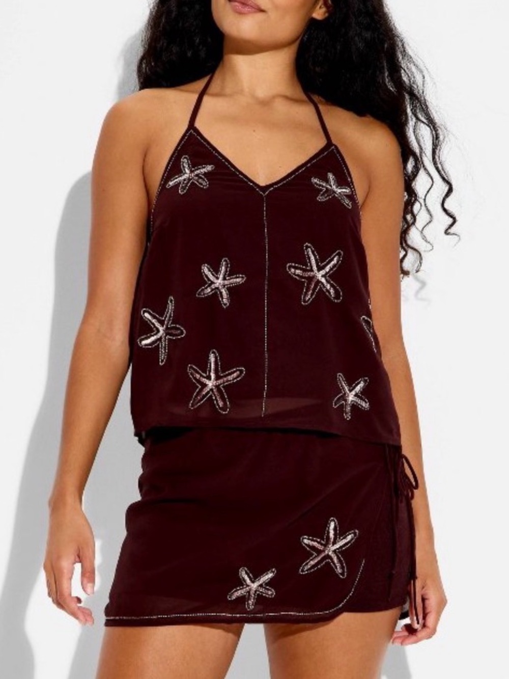 Wild Fable 2 Piece Mini Skirt Set Halter Brown Sequin Starfish Size Small NWT